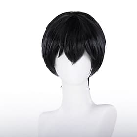Perruque courte noire avec frange, style cosplay – coiffure fantastique inspirée de l'Académie de Magie
