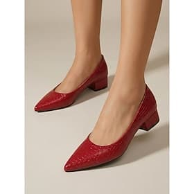 Women's Comfortable Red Croc Pumps - Retro Pointed Toe Mid Block Heels Leather Dress Shoes for Office Work  Business Casual