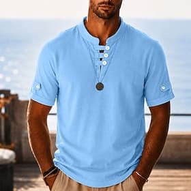 Homme 100% Coton Polo Occasionnel Vacances Sans Col Manche Courte Vacances Moderne Uni Poids Léger Boutons Été Printemps Coupe régulière Bleu Blanche Jaune 100