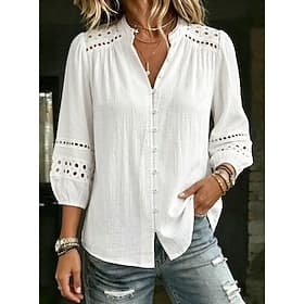 Femmes Chemise Haut à œillets Garniture en dentelle Élégant Bohème Vacances Manche 3/4 Col mandarin Hauts Réguliers Occasionnel Quotidien Fête Blanche Été Prin