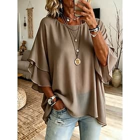 Femmes Chemisier Uni Élégant Occasionnel Manche 3/4 Col ras du cou Hauts courts Occasionnel Quotidien Marron Beige Été Printemps