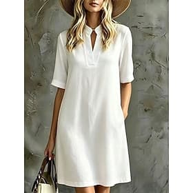 Women's Knee Length Dress Shift Dress Elegant Fashion Outdoor Vacation Loose Fit Pure Color Half Sleeve Stand Collar dark brown Black White Wine Spring