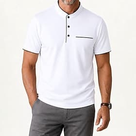 Men's Color Block Polo Shirt - Casual Mandarin Collar Golf Shirt - White