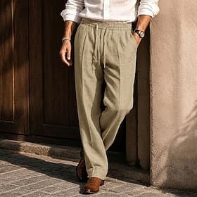 Men's Linen Pants Trousers Summer Pants Baggy Pants Drawstring Elastic Waist Straight Leg Plain Comfort Breathable Full Length Casual Daily Holiday Fashion Cla thumbnail 2
