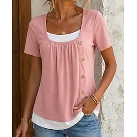 Femmes Hauts d'été Patchwork Faux deux pièces Uni ancien Mode Occasionnel Manche Courte Col ras du cou Hauts Réguliers Occasionnel Bleu Noir Rose Claire Vin Fu