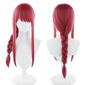 Perruque longue rouge pour cosplay anime, avec frange et tresse – coiffure pour costume de combattante surnaturelle