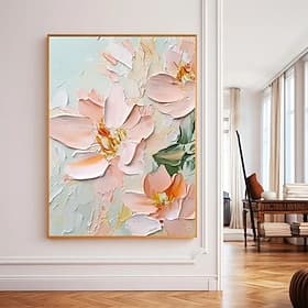 Peinture à l'huile abstraite de fleurs de cerisiers, réalisée à la main sur toile, grand format, œuvre murale originale texturée au couteau à palette, fleur ro