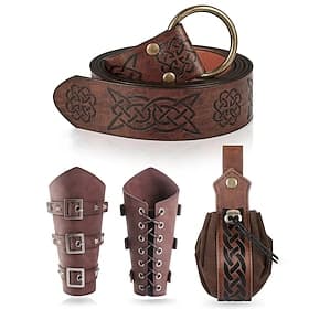 Set Rétro Vintage Médiéval Renaissance Ceinture Taille Protège-bras Sac Banane avec accessoires Guerrier Viking Ranger Déguisement Viking Fantaisie Halloween C