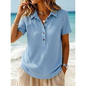 Femmes Tunique Boutons Couleur Unie ancien Élégant Classique Manche Courte Col de chemise Hauts Réguliers Occasionnel Quotidien Bleu Noir Blanche Rose Claire R thumbnail 3