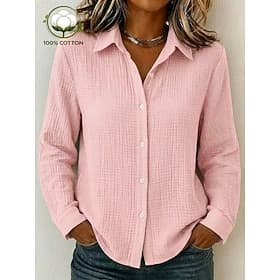 Femmes 100% Coton Chemise boutonnée Texture Boutons Quotidien manche longue Occasionnel Jaune Rose Claire Beige Printemps, Automne, Hiver, Été thumbnail 2