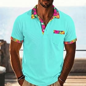 Homme Polo Chemise de golf Occasionnel Vacances Revers Manche Courte Mode Basique Fleuri Hawaii Patchwork Avec Poches Été Printemps Coupe régulière Noir Rose C thumbnail 2