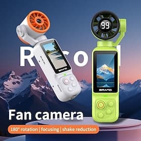 Caméra de poche avec ventilateur intégré, 2 en 1, idéale pour le vlogging, avec tête rotative à 180°, stabilisation d'image pour les voyages et la randonnée, é