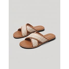 Women's Brown Woven Straw Slides - Casual Cross Strap Flat Sandals for Linen Shorts, Beach Vacation and Poolside Lounging