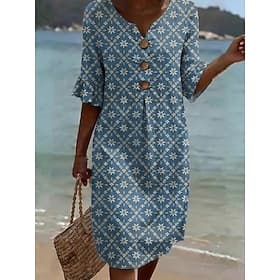 Women's Midi Dress Sundress A Line Dress Summer Dress Vacation Casual Daily Beach Holiday Regular Fit Graphic Abstract Half Sleeve V Neck Dark Blue Summer Spri