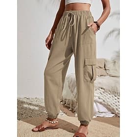 Femmes Pantalons Cargo Chinos Vacances ancien Occasionnel Longueur complète Taille moyenne Uni Cordon de serrage Patchwork Avec Poches Confort Doux Extérieur N