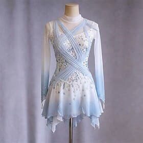 Robe de patinage artistique Femmes Patinage Robe Bleu  Blanc Patchwork Trou de pouce Élastique Entraînement Compétition Tenue de Patinage Classique cristal pai