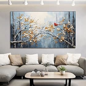 Peinture à l'huile originale faite main, représentant un oiseau et des fleurs. Toile épaisse à texture épaisse, peinte à la main. Décoration murale pour salon,