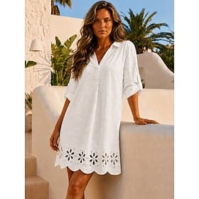 Femmes Robe Longueur Genou Robe fourreau Occasionnel Plage Coupe Ample Couleur Unie manche longue Revers Blanche Été Printemps
