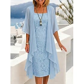 Women's Knee Length Dress Lace Dress Dress Set Elegant Fashion Outdoor Party Regular Fit Plain 3/4 Length Sleeve Crew Neck Coffee brown Pink Sky Blue Purple Su