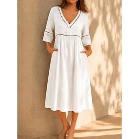 Women's Midi Dress White Lace Dress A Line Dress Summer Dress Casual Beach Vacation Regular Fit Plain Half Sleeve V Neck Blue White Royal Blue Summer Spring