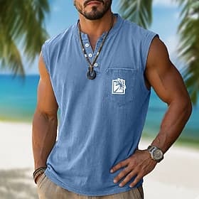 Men's 100% Cotton Acid Wash Shirt Sleeveless Shirt Sleeveless Henley Summer Solid Color Coconut Tree Ocean Casual Garment Dyed Faded Vintage Washed Casual Dail