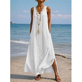 Women's Plus Size Maxi Dress White Lace Dress Casual Dress Casual Beach Vacation Regular Fit Plain Sleeveless V Neck White Summer