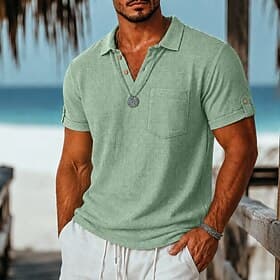 Homme Chemise en lin Polo Occasionnel Vacances Classique Manche Courte Mode Couleur Unie Boutons Respirable Été Printemps Coupe régulière Bleu Blanche Noir ble