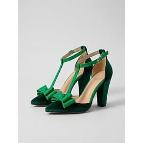 Women's Green Velvet High Heels - Elegant T-Strap Pointed Toe Bow Pumps with Chunky Heel for Everyday Wear