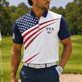 4th of July 2026 250th Men's American US Flag Zip Polo Shirts Short Sleeve Polo Shirts Collared Shirts Casual Outdoor Athleisure 3D Print Breathable Mesh Sprin
