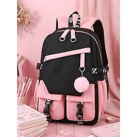Girl's Polyester School Backpack with USB Charging Port 15.6 Laptop Bookbag Large Capacity Multi-Compartment College High School Bags for Girls Boys Pink Black