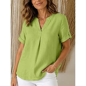 Women's Shirt Solid Color Plain Bohemia Vacation Vintage Short Sleeve V Neck Regular Tops Casual Blue Red Orange Green Summer Spring