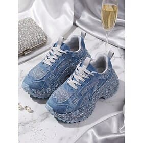 Women's Blue Rhinestone Chunky Sneakers, Sparkly Denim Platform Lace-Up Shoes for Casual Dinners, Cocktail Parties, Night Out  Everyday Wear