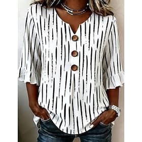 Women's Casual Shirt Summer Tops Blouse Buttons Graphic Geometric Elegant Bohemia Active V Neck Long Tops Casual Blue White Green Summer Spring Fall Winter