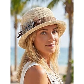 Women's Summer Cloche Hat Woven Polyester Dress Hat with 3D Flower Mesh Bow Elegant Sun Hat for Garden Party Wedding Tea Party Church Vacation Multiple Colors