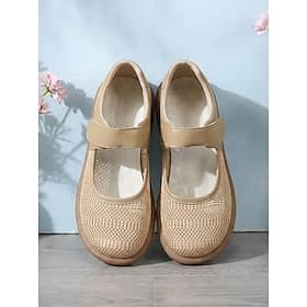 Women's Khaki Wide Width Mary Jane Shoes – Breathable Mesh Flats with Extra Wide Toe Box  Adjustable Magic Tape for Travel, All-Day Comfort and Everyday Wear