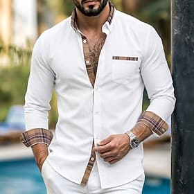 Men's Shirt Dress Shirt Button Up Shirt Color Block Casual Daily White Black Pink Navy Blue Long Sleeve Lapel Spring Fall Clothing Apparel Front Pocket