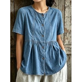 Femmes Chemise Patchwork Couleur Unie ancien Western Occasionnel Manche Courte Col ras du cou Hauts Réguliers Occasionnel Quotidien Plage Bleu Été Printemps