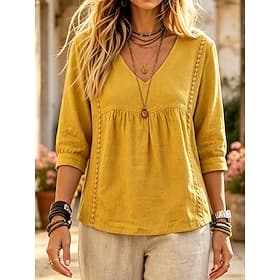 Femmes Chemise Couleur Unie Bohème Vacances ancien Manche 3/4 Col en V Hauts Longs Occasionnel Kaki Noir Blanche Jaune Rose Claire Été Printemps