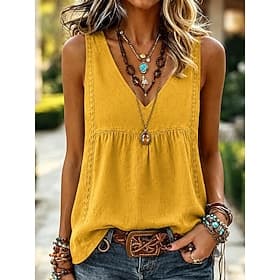 Women's Shirt Solid Color Plain Bohemia Vintage Fashion Sleeveless V Neck Long Tops Casual Yellow Pink Summer Spring