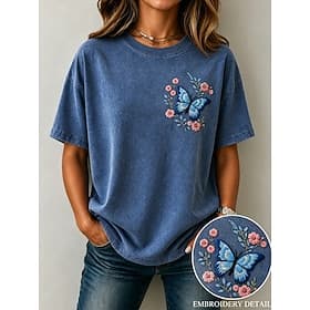 Femmes 100% Coton T-shirt brodé Hauts effet délavé vintage Papillon ancien Classique Occasionnel Manche Courte Col ras du cou Col rond Hauts Réguliers Occasion