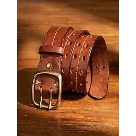 Men's Full Grain Leather Belt, Adjustable Vintage Casual Belt with Double Prong Buckle in Brown Coffee Black, Classic Jeans Belt for Daily Wear, Travel and Wor