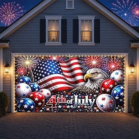 U.S. 250th Anniversary 4th of July Independence Day Garage Door With String Light Decorations Cover, Fireworks USA Flag Patriotic Garage Door Background, Ameri