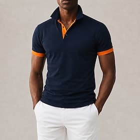 Men's Polo Shirts Casual Sports Turndown Short Sleeve Basic Solid Color Plain Lightweight Buttons Summer Spring Navy Blue Polo Shirts