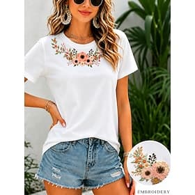 Femmes 100% Coton T-shirt T-shirt brodé Fleuri Graphique ancien Élégant Occasionnel Manche Courte Col ras du cou Hauts Réguliers Occasionnel Quotidien Week-end