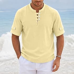 Homme 100% Coton Polo Occasionnel Vacances Sans Col Manche Courte Vacances Moderne Uni Poids Léger Boutons Été Printemps Bleu Blanche Jaune 100% Coton thumbnail 4