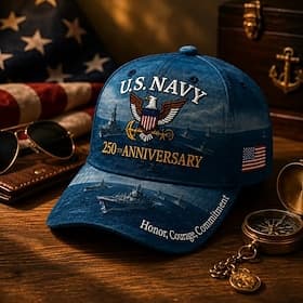 U.S. Navy 250th Anniversary Commemorative Cap, Embroidered Veteran Baseball Hat with American Flag Patch, Honor Courage Commitment Military Navy Gift for Veter