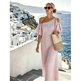 Women's Maxi Dress Sundress Sheath Dress Off The Shoulder Dress Vacation Party Casual Beach Party Wedding Loose Fit Stripe Short Sleeve Cold Shoulder Black Alm