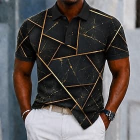 Men's Color Block Marble Polo Shirts Short Sleeve Polo Shirts Collared Shirts Casual Athleisure 3D Print Buttons Breathable Mesh Spring  Summer Blue Black Red