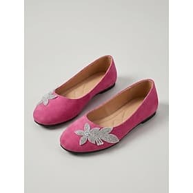 Women's Rose Pink Floral Ballet Flats – Round Toe Slip-On Shoes with Soft Cushioned Insole, Lightweight Flexible Sole and Rhinestone Flower Accent for Travel,