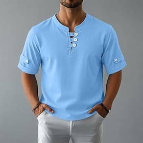 Homme 100% Coton Polo Occasionnel Vacances Sans Col Manche Courte Vacances Moderne Uni Poids Léger Boutons Été Printemps Bleu Blanche Jaune 100% Coton thumbnail 3